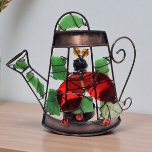 Stained Glass Copper Tone Watering Can Tea Light Candle Holder Ladybug Cottage